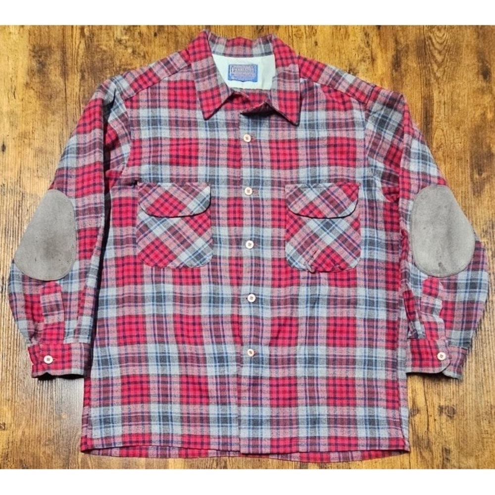 VTG‎ PENDLETON Men's Large Red 100% Virgin Wool Leather Elbow Patches Distressed